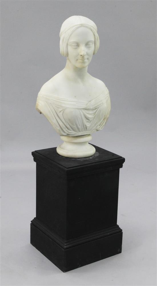 Lawrence Macdonald (Scottish, 1799-1878). A carved white marble bust of a maiden, 25.5in.